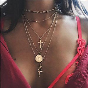 Multi Layer Rose and Cross Charm Necklace